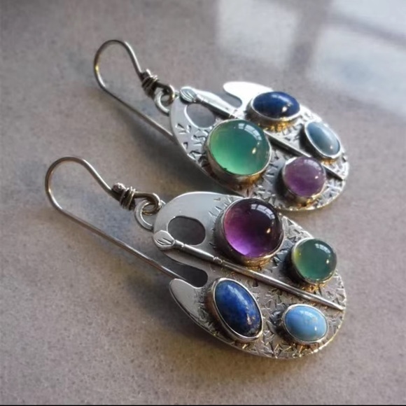 925 Sterling Silver Plated Antique Multicolor Hand Carved Pattern Earrings - Picture 8 of 8